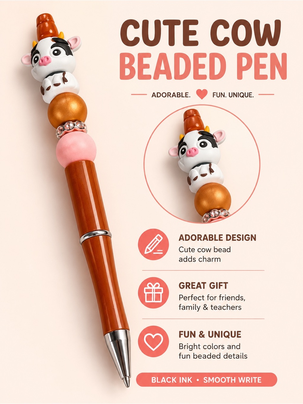 Hand Crafted Brown and Pink Cow Beaded Pen